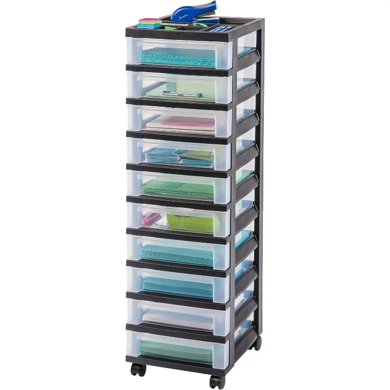 

USA Plastic Drawer Storage Organizer Rolling Cart with Wheels Casters 10-Drawers for Classroom Art Craft Supplies Dresser Closet