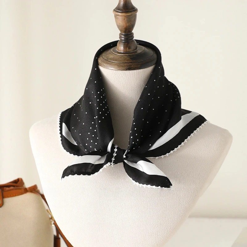

100% Silk neck scarves woman spring summer accessories Korean fashion elegant vintage white black polka dot print scarf