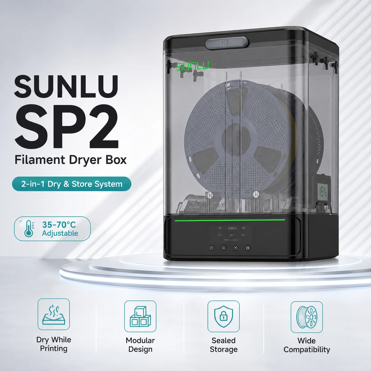 SP2 Filament Dryer Box 200W PTC 35-70°C Dual Spool Sealed Storage for PLA PETG ABS TPU PA PC 1.75/2.85mm