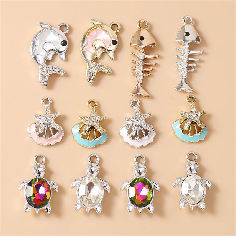 10 Stück niedliche, gemischte Metallanhänger mit Motiven von Meerestieren, Schildkröten, Fischen und Muscheln für die Schmuckherstellung, Ohrringe, Halsketten, DIY-Bastelbedarf – Detail 1