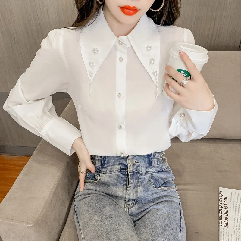 Elegant White Office Blouse Shirts Women Fashion Autumn Winter Beading Blusas Mujer Korean Clothing Slim Puff Sleeve Ladies Tops