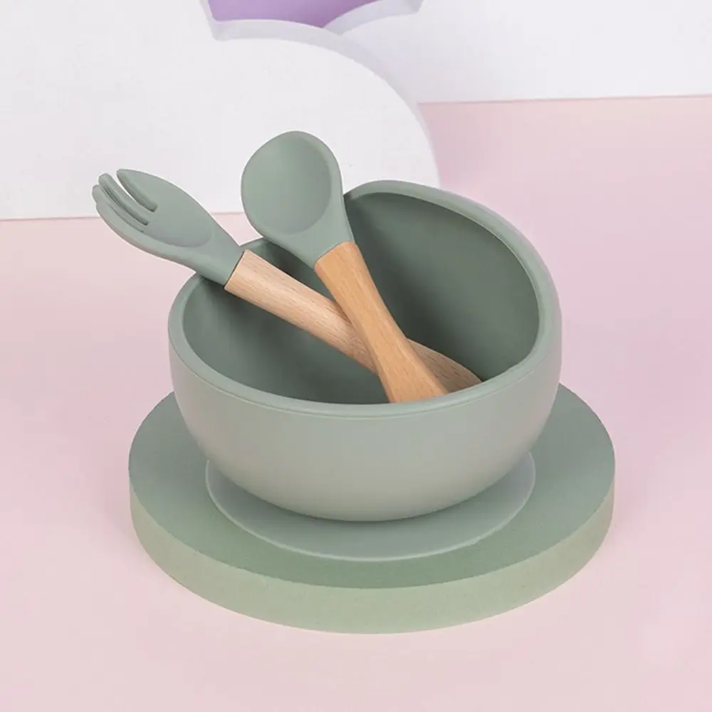 Cuenco de alimentación de bebé de silicona antideslizante, platos de alimentación flexibles impermeables para niños pequeños con cuchara y tenedor de calidad alimentaria