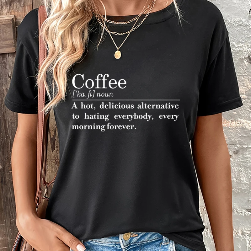 Coffee Themed Shirts for Women Funny Letter Print Short-sleeve Crewneck T-shirt Coffee Life Casual Tops Coffee Lover Gift TShirt