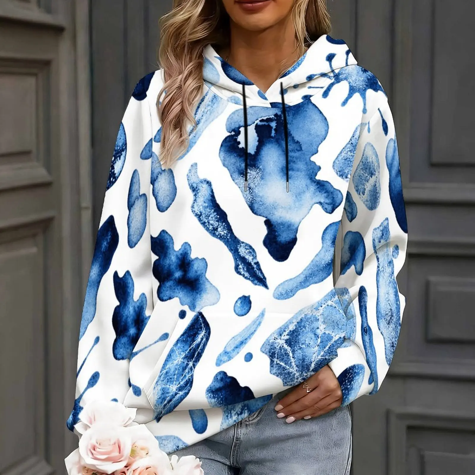 Women Abstract Watercolor Print Long Sleeve Drawstring Hoodie with Kangaroo Pocket