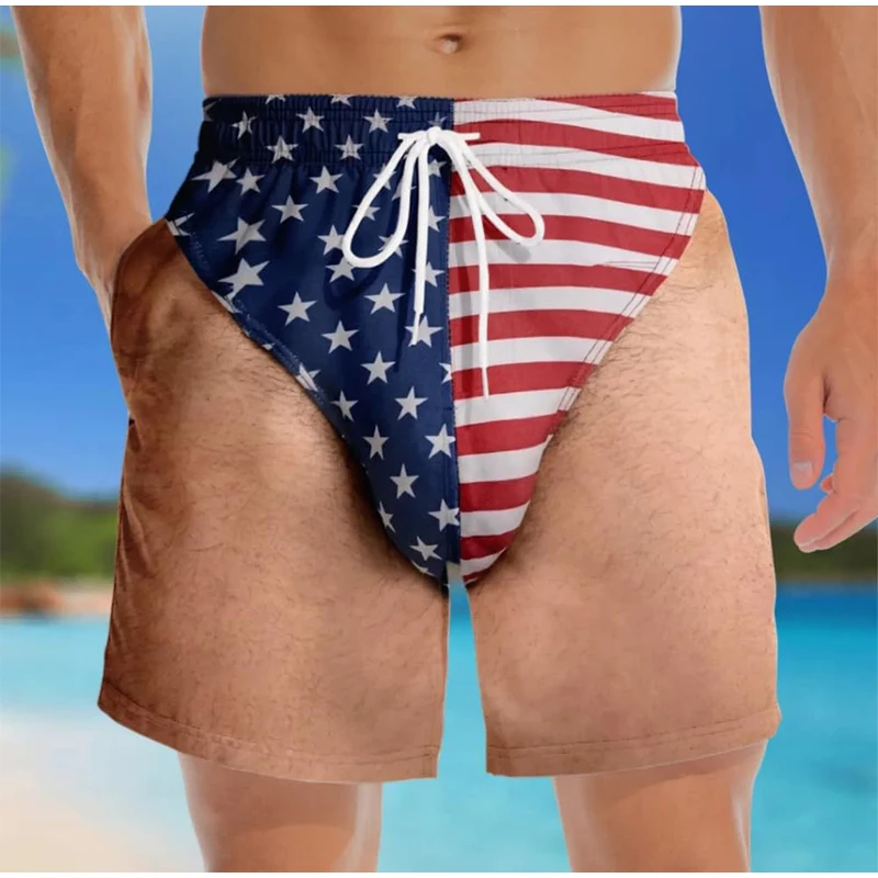 Men's Novelty 3D Graphic Swim Trunks Funny US Flag Hairy Legs Printed Beach Shorts Patriotic Costume Casual Quick Dry Swimwear