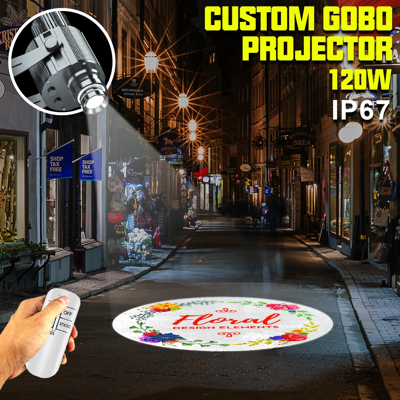 

Customed Gobo Projector 120W Advertising Light Outdoor Hotel Waterproof IP67 Image Rotation Led Logo Do Shop Entrance Floor