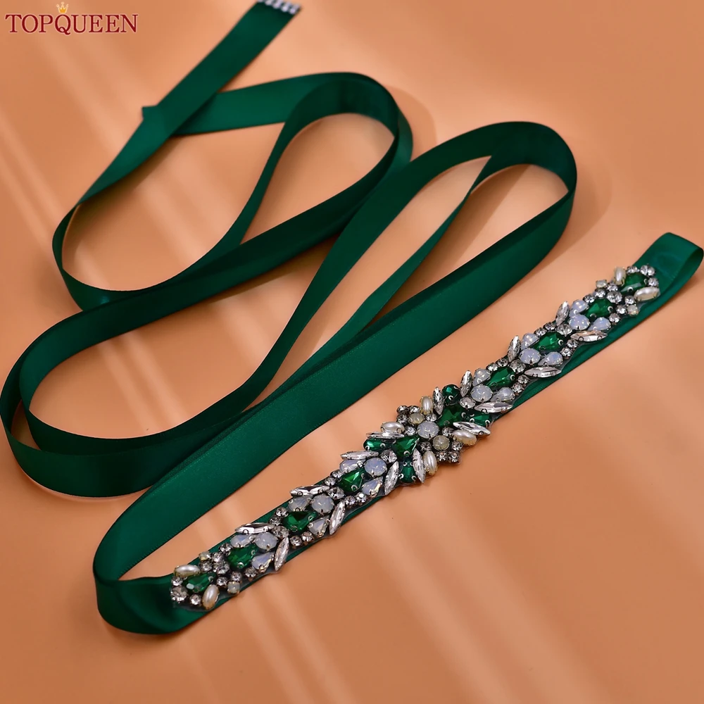 

TOPQUEEN Bridal Belt Wedding Dress Accessories Women Dark Green Rhinestones Opal Applique Formal Evening Gown Ribbon Sash S57-KL