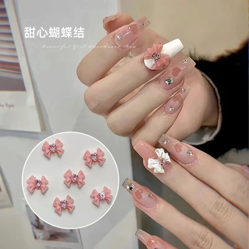 10pcs Pink Bow Nail Art Resin Decorations Love rhinestone Nail Charms Press on Manicure Supplies Jewelry Kawaii Accessories *&