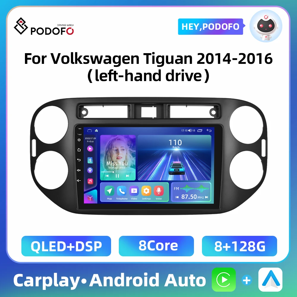 Podofo Carplay Auto Car Stereo For Volkswagen Tiguan 2014-2016 Android Multimedia Player 9'' 4G+WIFI 2 Din GPS 8Core Car Radio