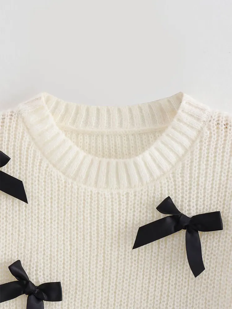 TRAF 2024 Autumn Bow Decoration Women Knitted Pullovers Puff Sleeve White Sweater Petite Crop Top Jumper