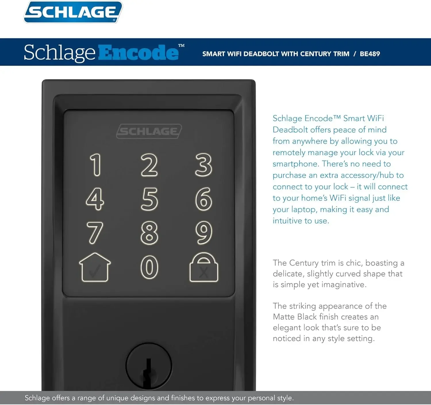 Imagem -02 - Codificar Smart-wi-fi Deadbolt com Guarnição do Século Preto Fosco