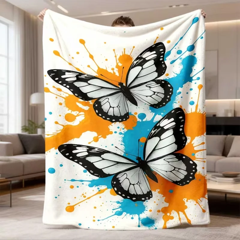 Art Ink Splash Monarch Butterfly Print Blanket Orange Blue Paint Splatter Soft Blanket Modern Art Style Couch Bed Blanket