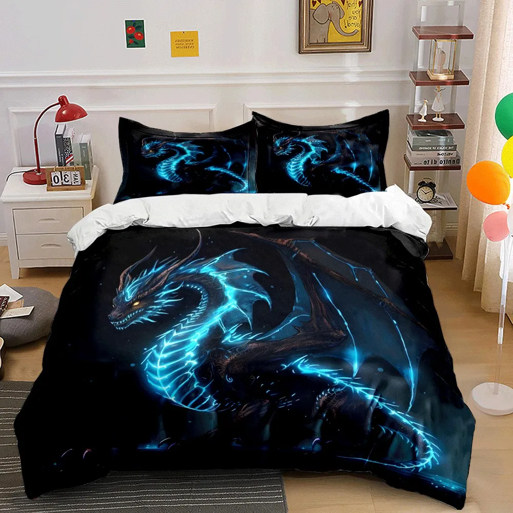 Fantasy Black Dragon with Blue Light Print bedding Set. Exquisite three-piece bedding set gift for kids and adults