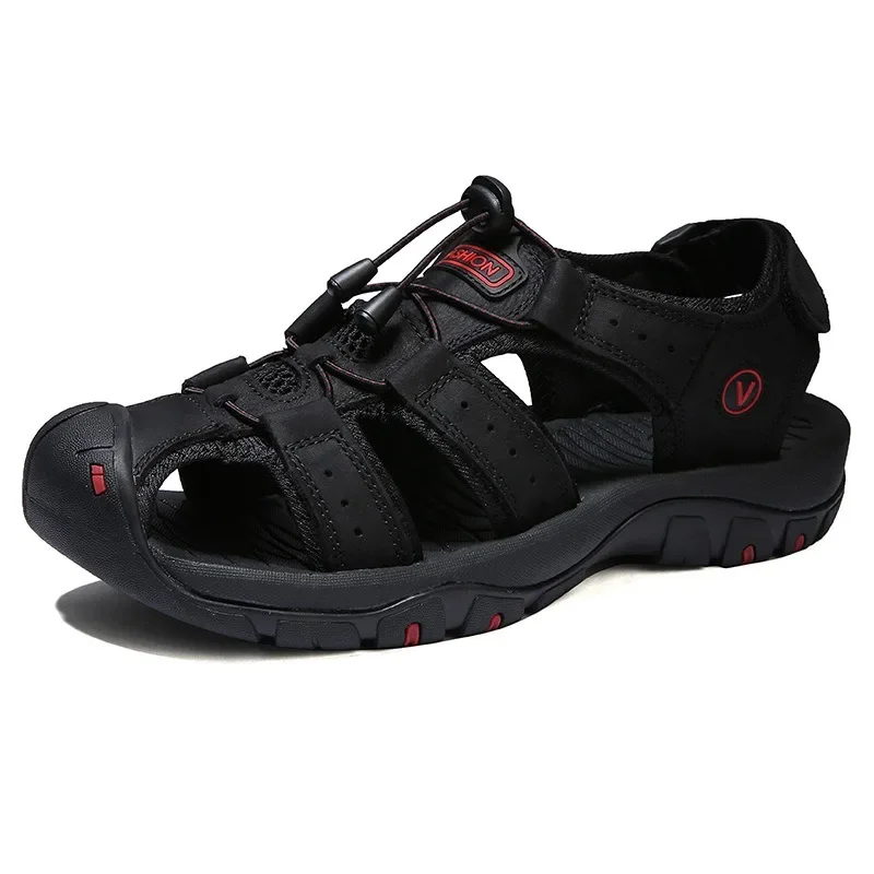 Men's Genuine Leather Sandals Summer Anti-collision Toe Outdoor Walking Treking Casual Shoes Hiking Men Slippers Beach Wading
