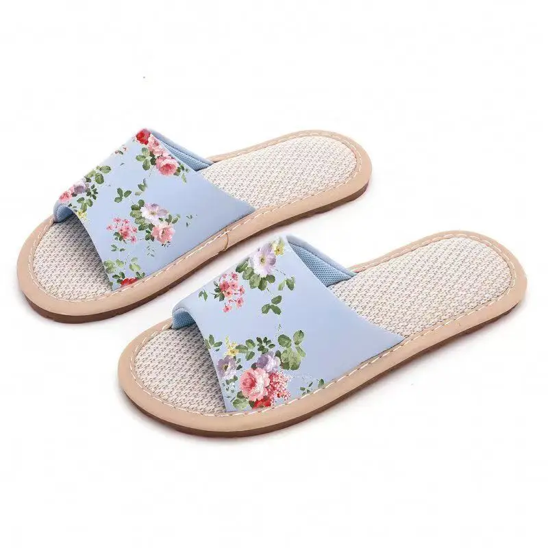 المرأة العرقية نمط شقة وحيد الكتان النعال الصيف المفتوحة تو عدم الانزلاق خفيفة الوزن عالية الجودة الحرير طباعة المنزل النعال الصامتة #4