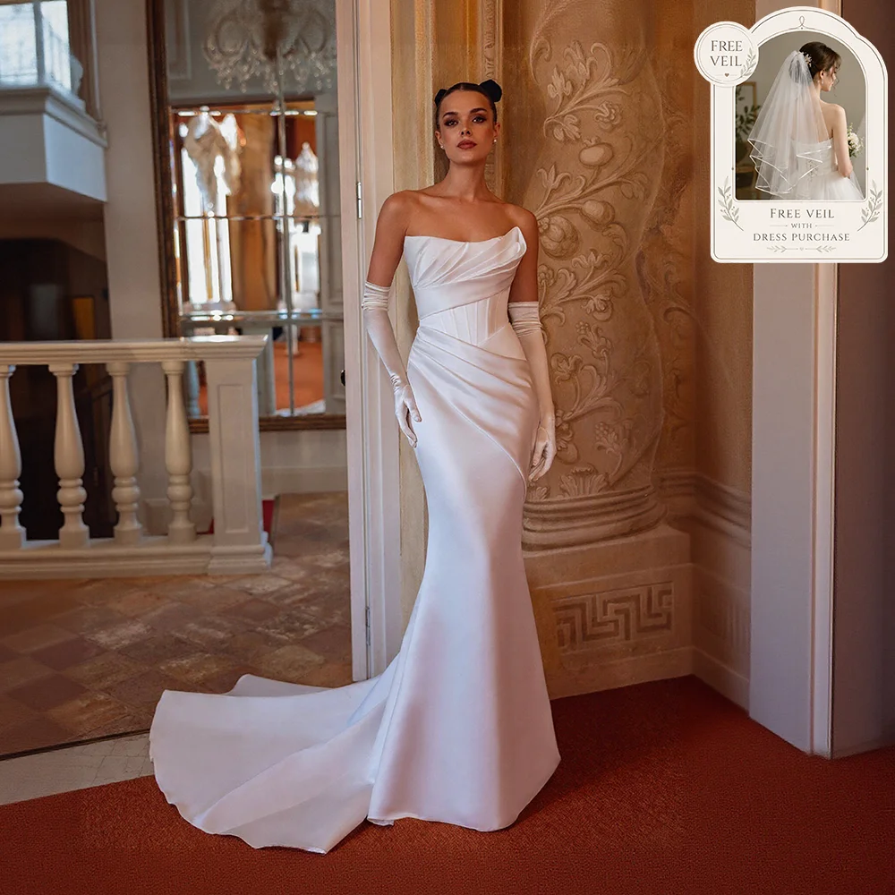 

2026 Elegant Strapless Wedding Dress Mermaid Satin Ruched Bodice Reception Bridal Gown Backless Vestido De Novia Customized