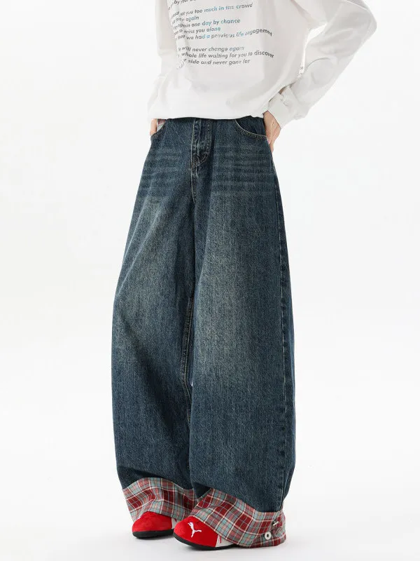 

Мужские джинсы TANGZ Studio в американском стиле с клетчатыми вставками, винтажные, широкие, с манжетами, в стиле High Street, длинные