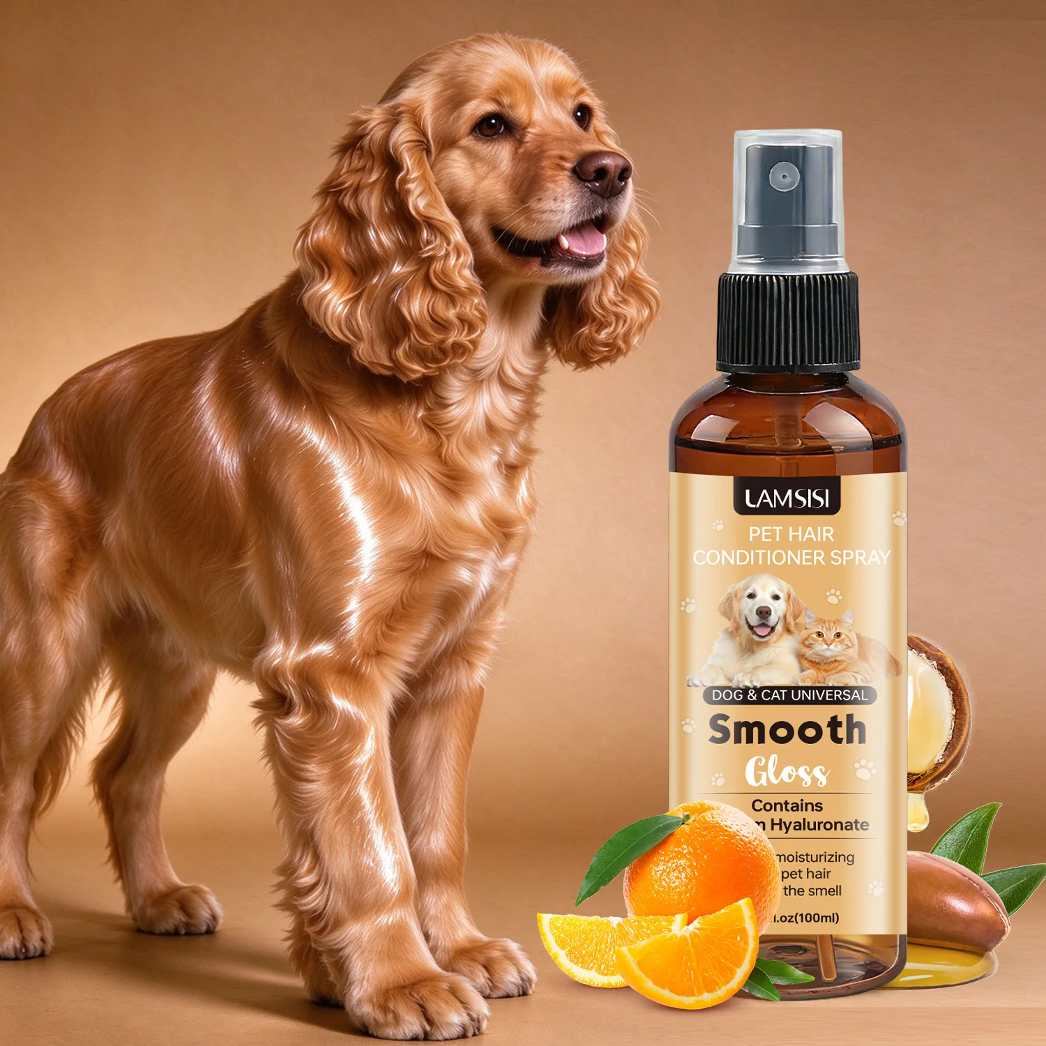 Pet Hair Conditioner Spray, Dog & Cat Universal, Smooth Gloss, Contains Sodium Hyaluronate, Sweet Orange Oil, Coconut Oil.