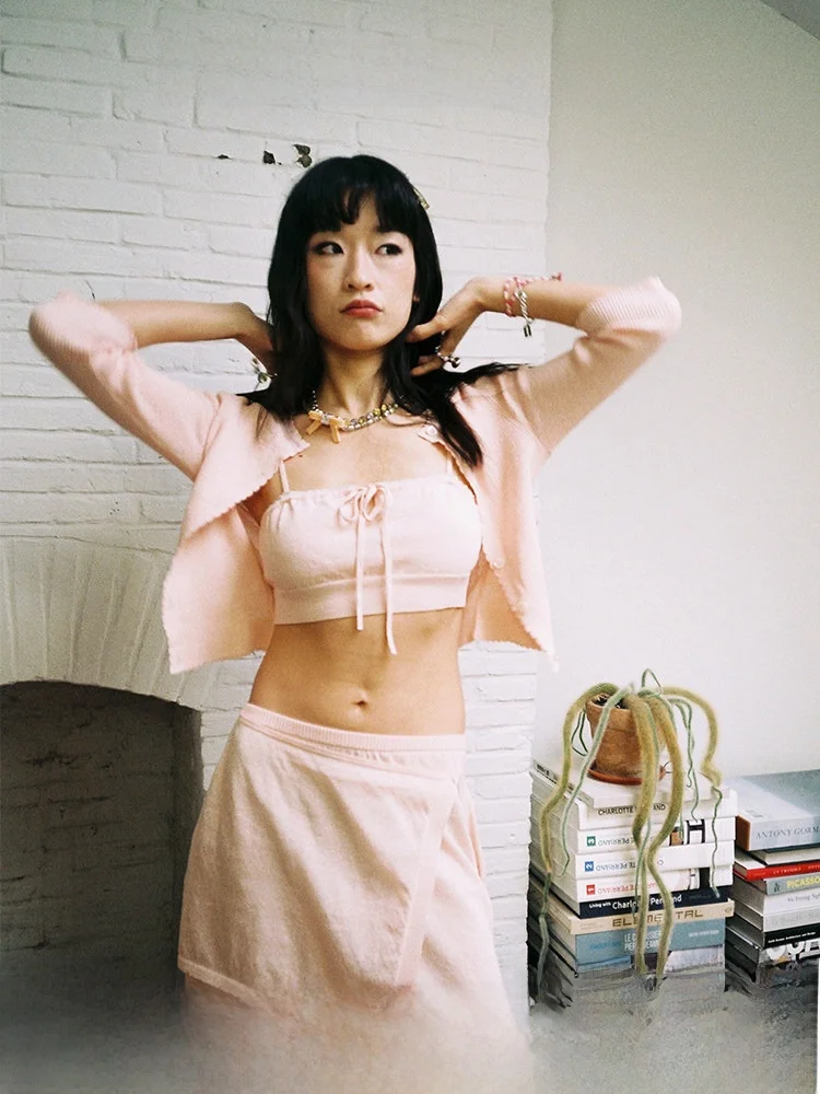 

Розовый льняной вязаный жилет с поясом для женщин, весна-лето, новинка, на тонких бретелях, праздничный, однотонный, верхняя одежда