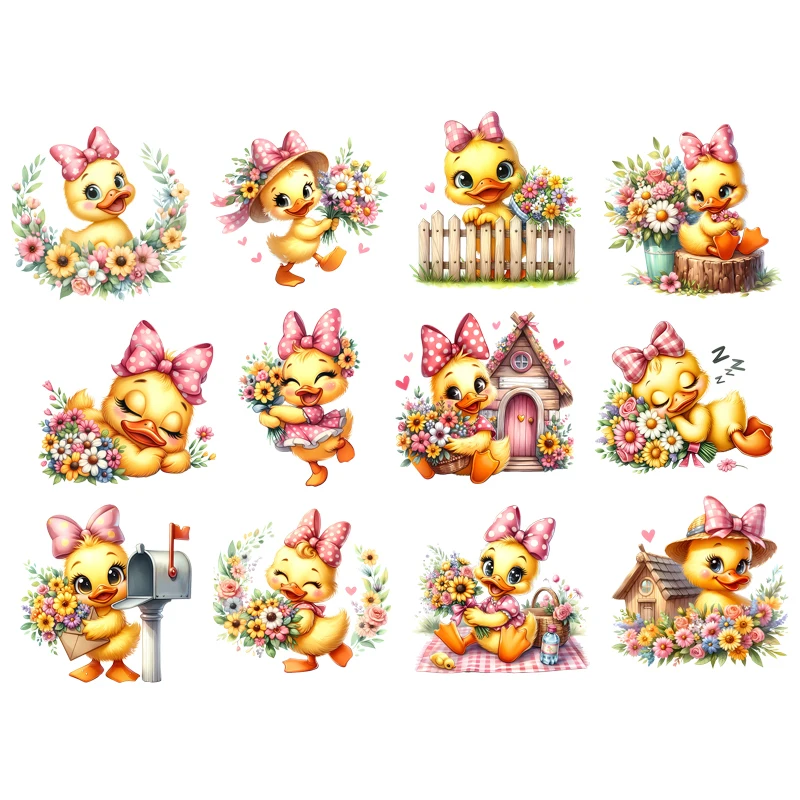 

Duck In Flower House Iron-on Transfer For Clothing DIY Washable T-shirts Thermal Stickers Red Flower Field Patches Applique