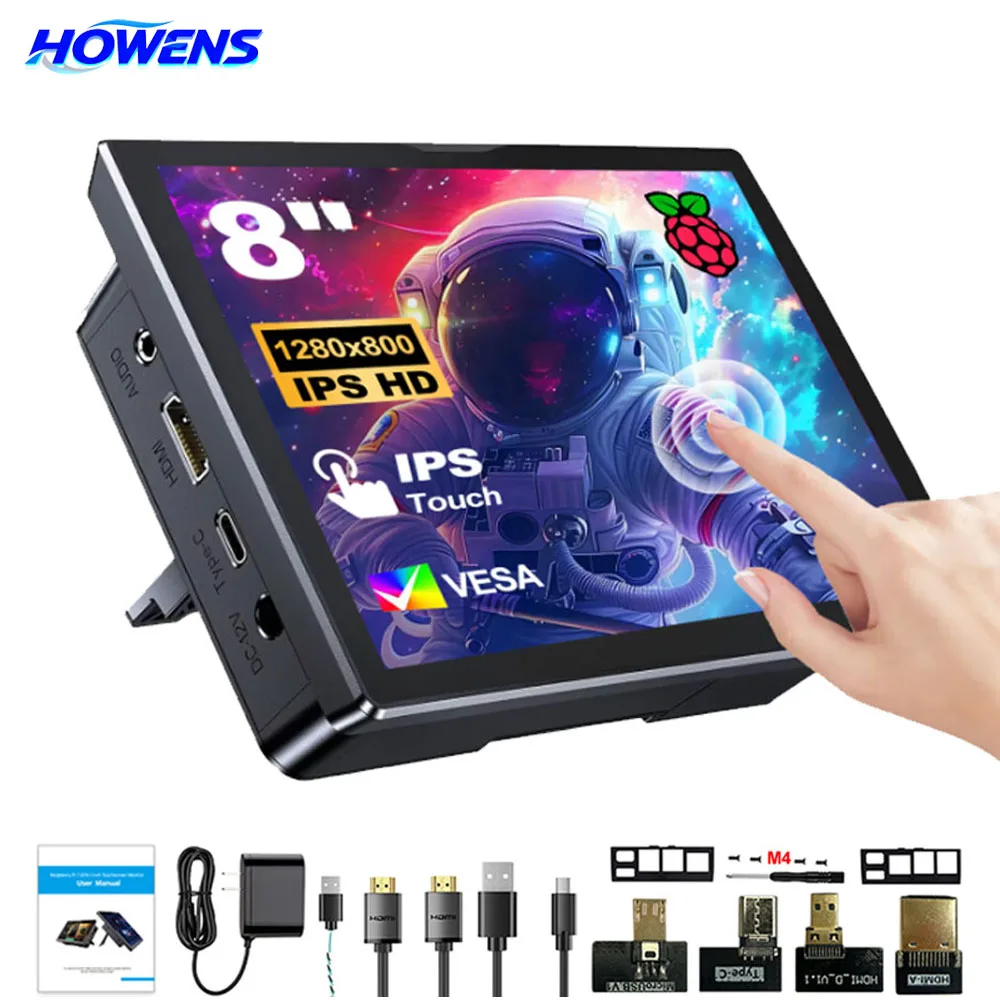 

HOWENS 8 inch Raspberry Pi 5 4 Monitor LCD Dispaly 1280x800 16:10 Touch Screen HDMI USB for DIY Pi 4 3 Built in Fans Speaker New
