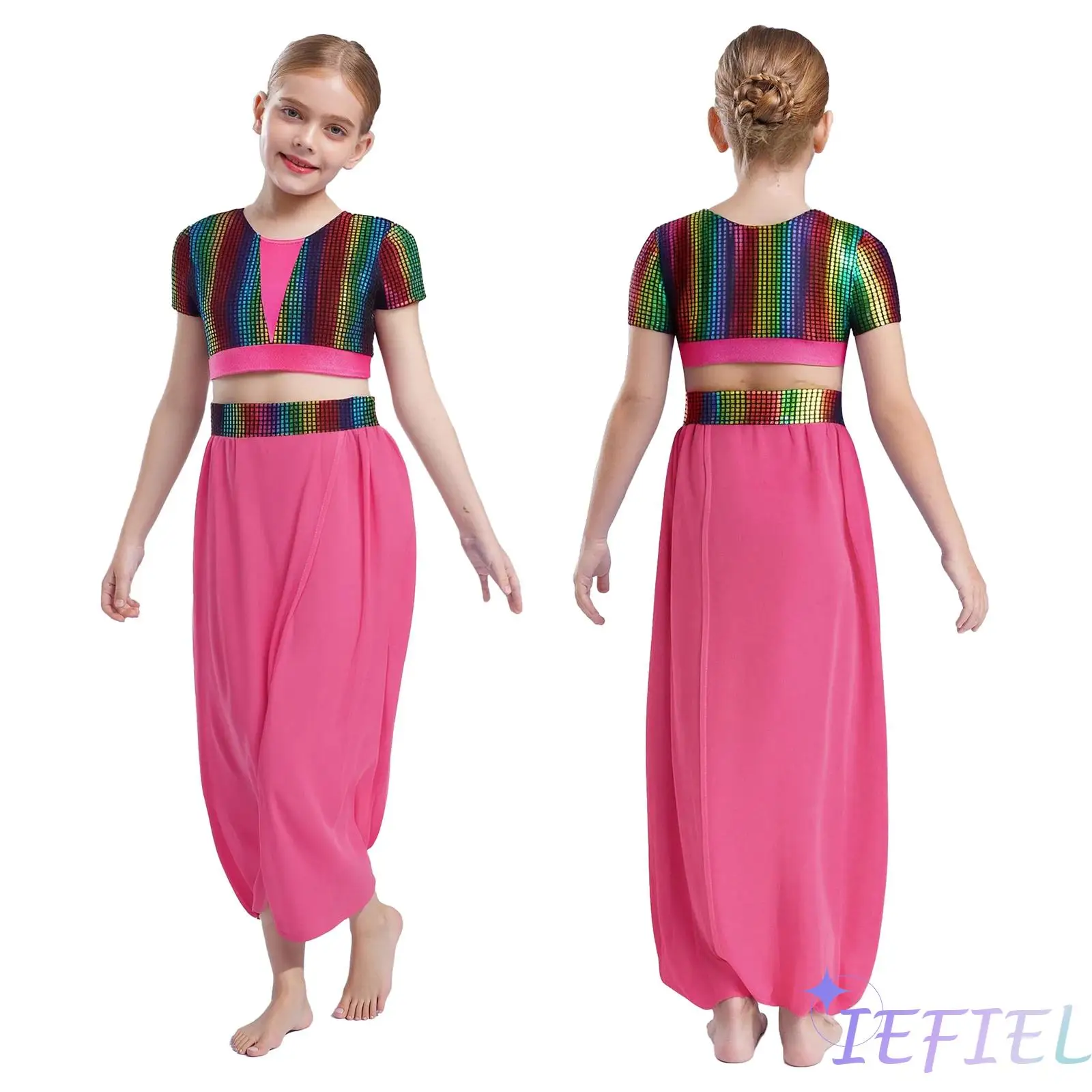 

Girls Round Collar Short Sleeves Color Block Metallic Crop Tops Pants Dance Outfits for Jazz Dance Competition Stage Performance