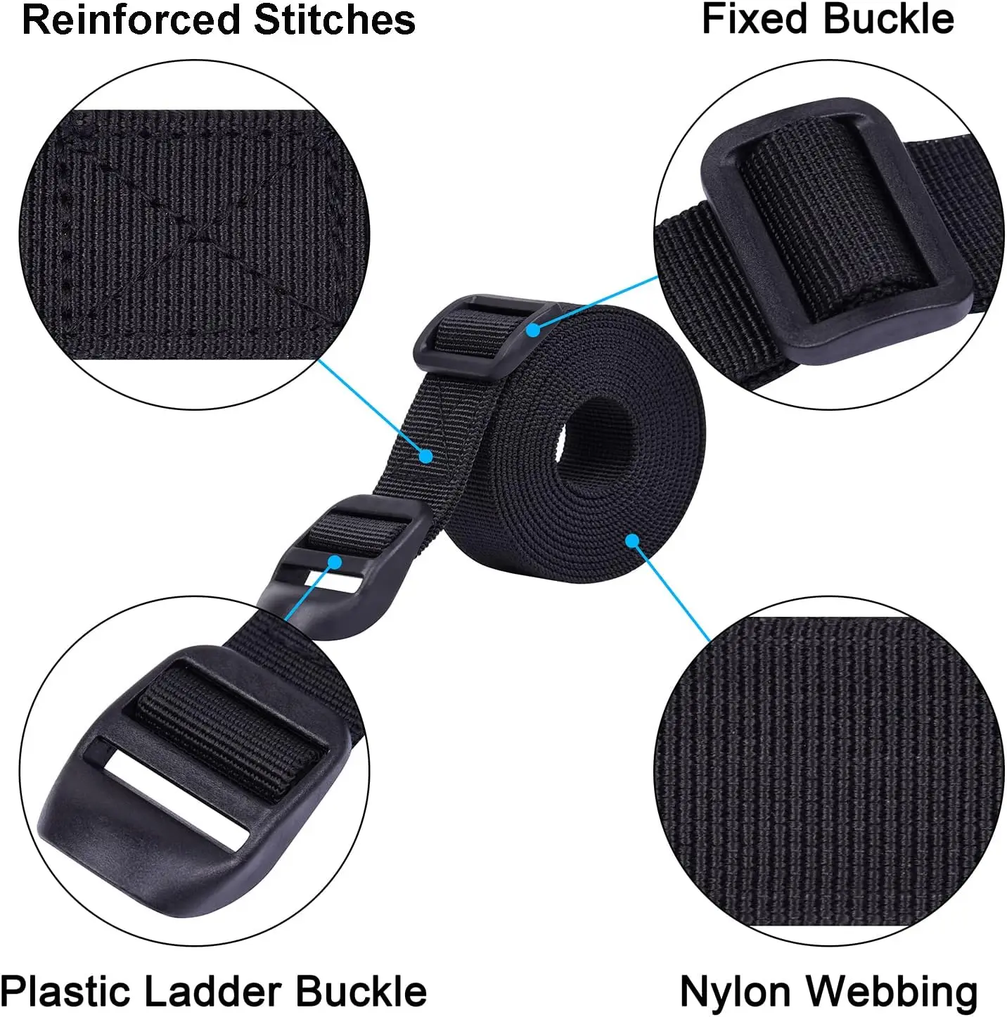 Cintas de Compressão para Saco de Dormir Reforçadas, Pacote com 2 com Fivela Plástica para Camping, Caminhada, Bagagem - 48 Polegadas Preto