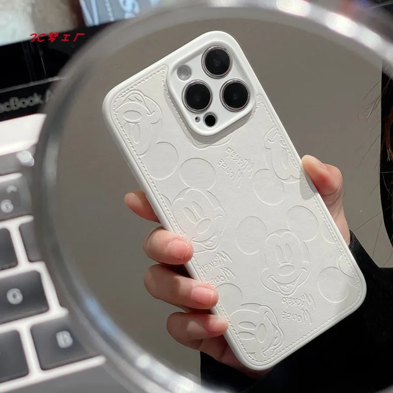 Cartoon Leather Texture Embossed Disney Mickey Mouse Shockproof Phone Case for iPhone 16 15 14 13 12 11 Pro Max Protective Cover