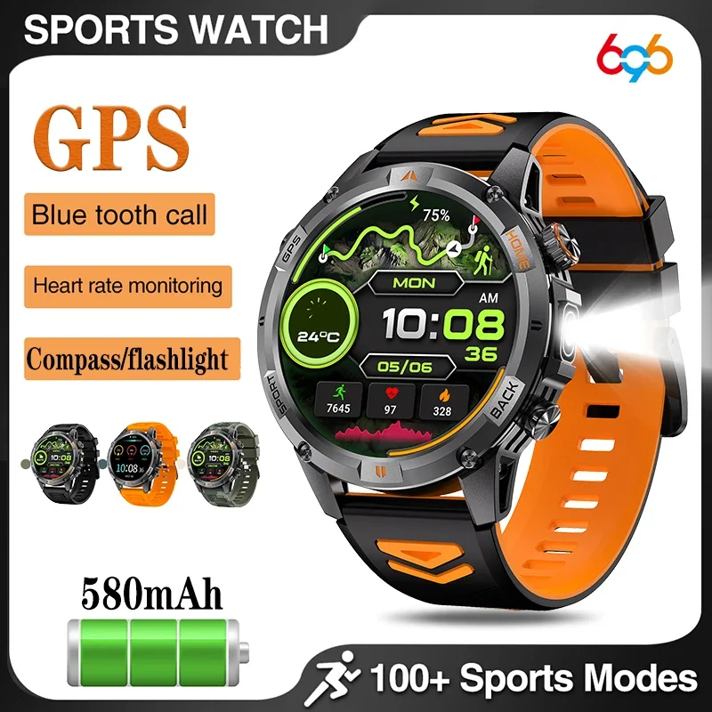

Smart Sports Watches Men Outdoor Flashlight Compass GPS Smart Watch Blue Tooth Call IP68 Waterproof Health Smartwatch 580Mah
