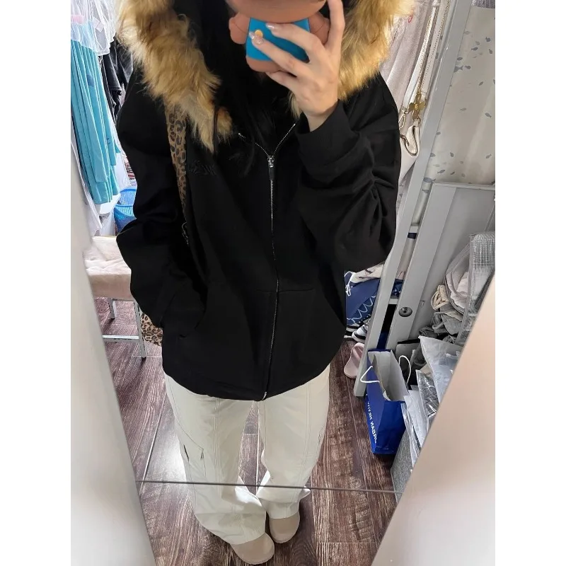 

Vintage Faux Fur Hooded Women Casual Y2k Clothing Korean Fashion Sweatshirts Harajuku Gothic Printed Coats Jackets Subculture