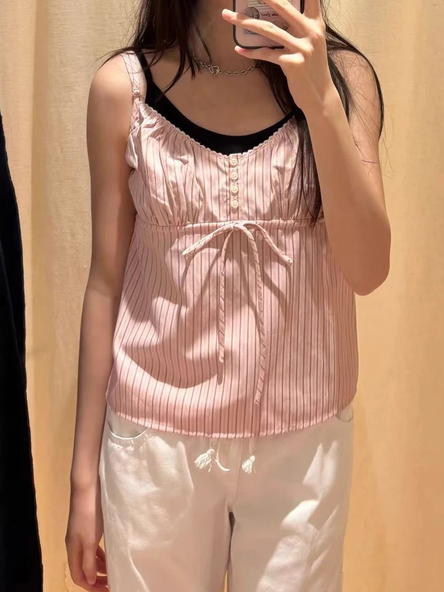 

Розовый полосатый топ на талии с завязками на талии, женский летний новый топ на пуговицах с кружевной отделкой и v-образным вырезом, женский милый повседневный шикарный топ Y2k, жилет