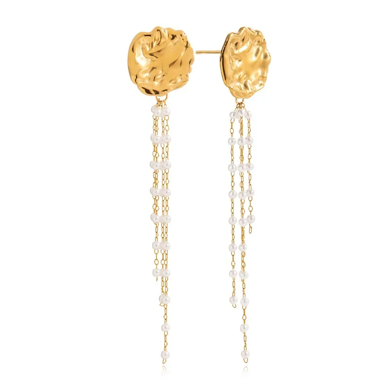 

Minar Classic Simulated Pearl Hammer Tone Irregular Round Long Tassel Dangle Earrings for Women 18K Gold Plated Stainless Steel