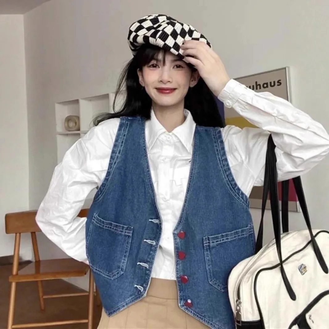 Denim Vest Women New Hong Kong Style Retro Top Versatile Design Sleeveless Vest Jacket Female Waistcoat Traf Chaleco Mujer