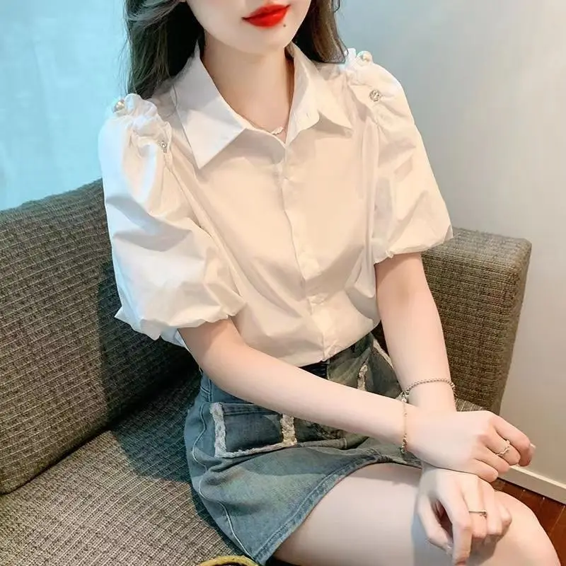 Fashion Solid Color Short Sleeve Shirts Tops Summer 2024 New Korean Commuter Polo-Neck Button Patchwork Beading Women\'s Blouses