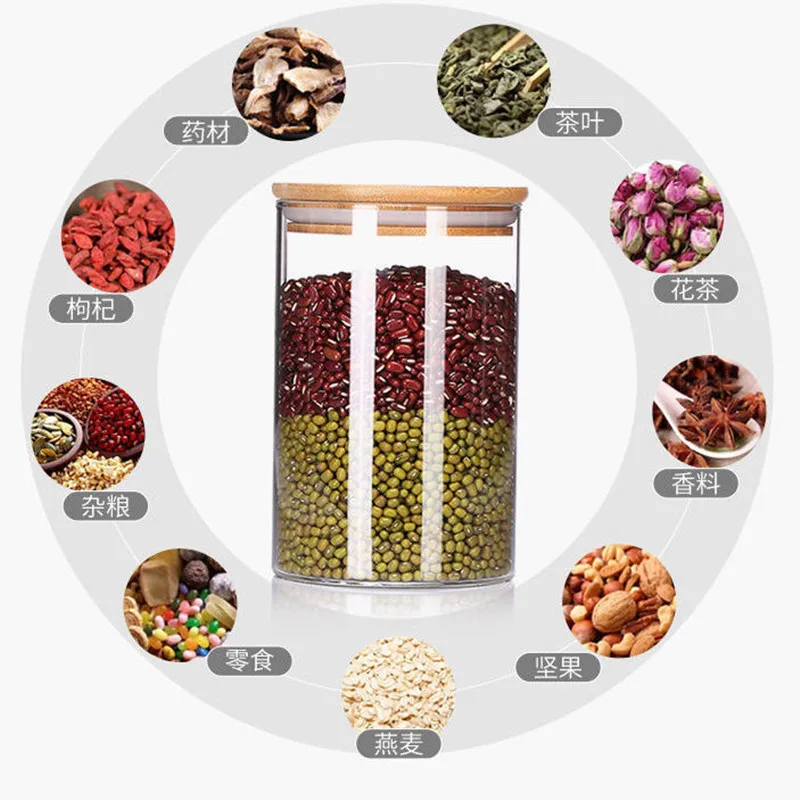 غطاء خشبي زجاجي شفاف برطمانات تخزين المواد الغذائية زجاجات تخزين المطبخ جرة مختومة للشاي والقهوة وموزع حبوب السكر المنظم #5