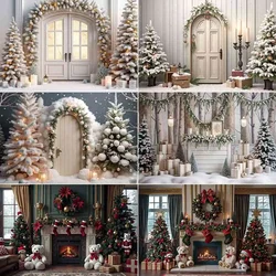 MOON.QG Snow Winter Christmas Tree Old Brick Fireplace Background 2025 Pine Balls Wreath Gifts Photography Photo Studio Backdrop