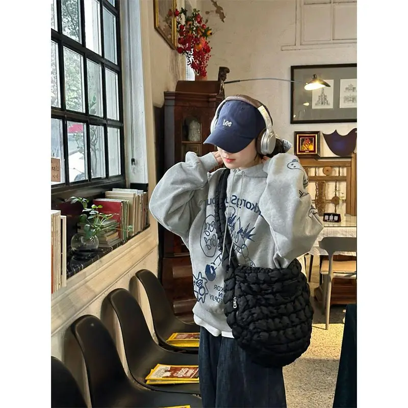 모자가 달린 양털 스웨트셔츠 여성용 오버사이즈 스웨트셔츠 여성 여름 정장 달콤한 불규칙한 질감 가벼운 액티브웨어 일본식