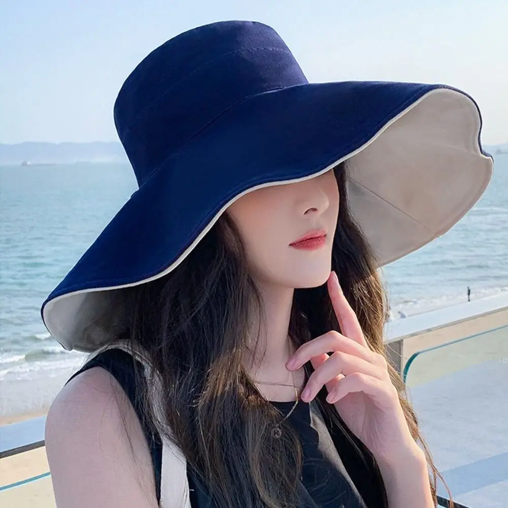 Frühling Sommer Doppelseitiger Bucket Hat mit großer Krempe, faltbare Strandkappe, UV-Schutz, tragbarer Panama-Hut für Damen und Herren