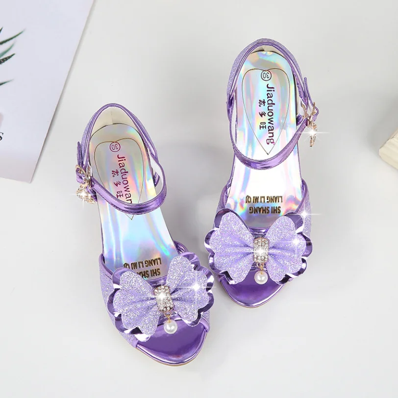 5 Colors Children Princess Sandals Kids Girls Wedding Shoes High Heels Dress Shoes Bowtie Gold Pink Blue Silver Shoes For Girls