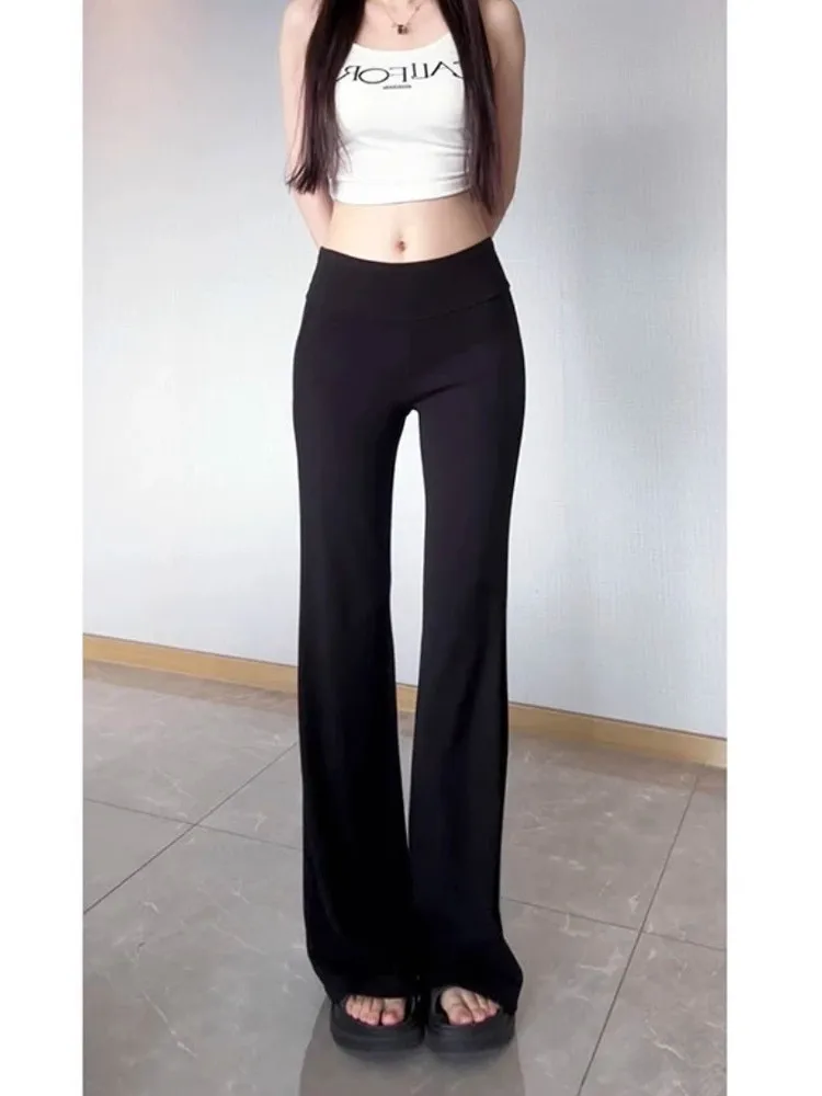 Letnie, cienkie, oddychające spodnie z drapowaniem, z wysokim stanem, szerokie nogawki, spodnie do jogi, długie do ziemi, efekt wyszczuplający, koreańskie, swobodne spodnie.