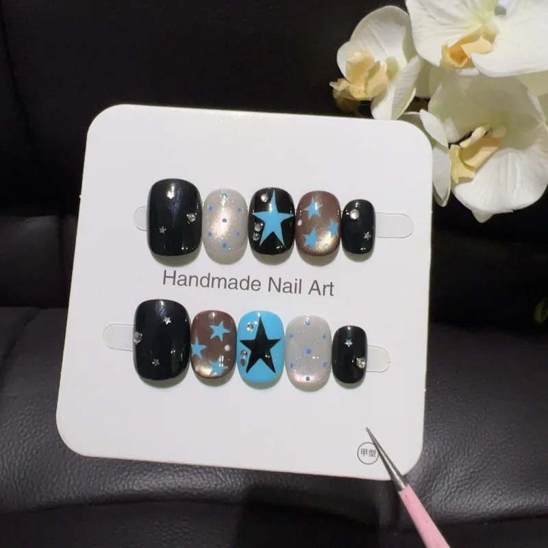 10PCS Y2k Short Squoval Handmade Press on Nails Brown Cat Eye Blue Star Punk False Nails Sweet Cool Black Reusable Fake Nails