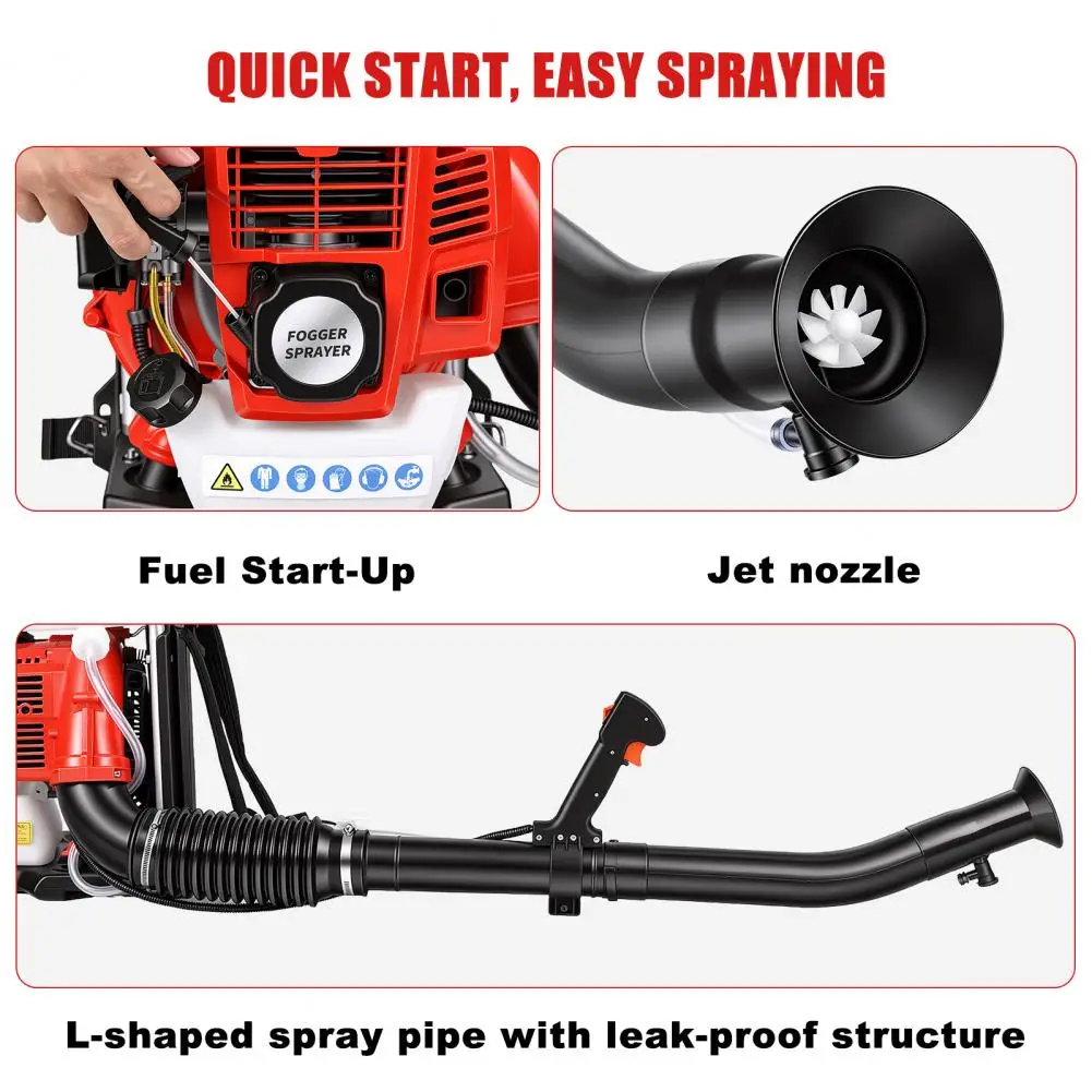 Backpack Gas Sprayer Duster 43cc Engine Two Stroke High Output Mist Blower Long Throw Nozzle Orchard Farm Mosquito Control