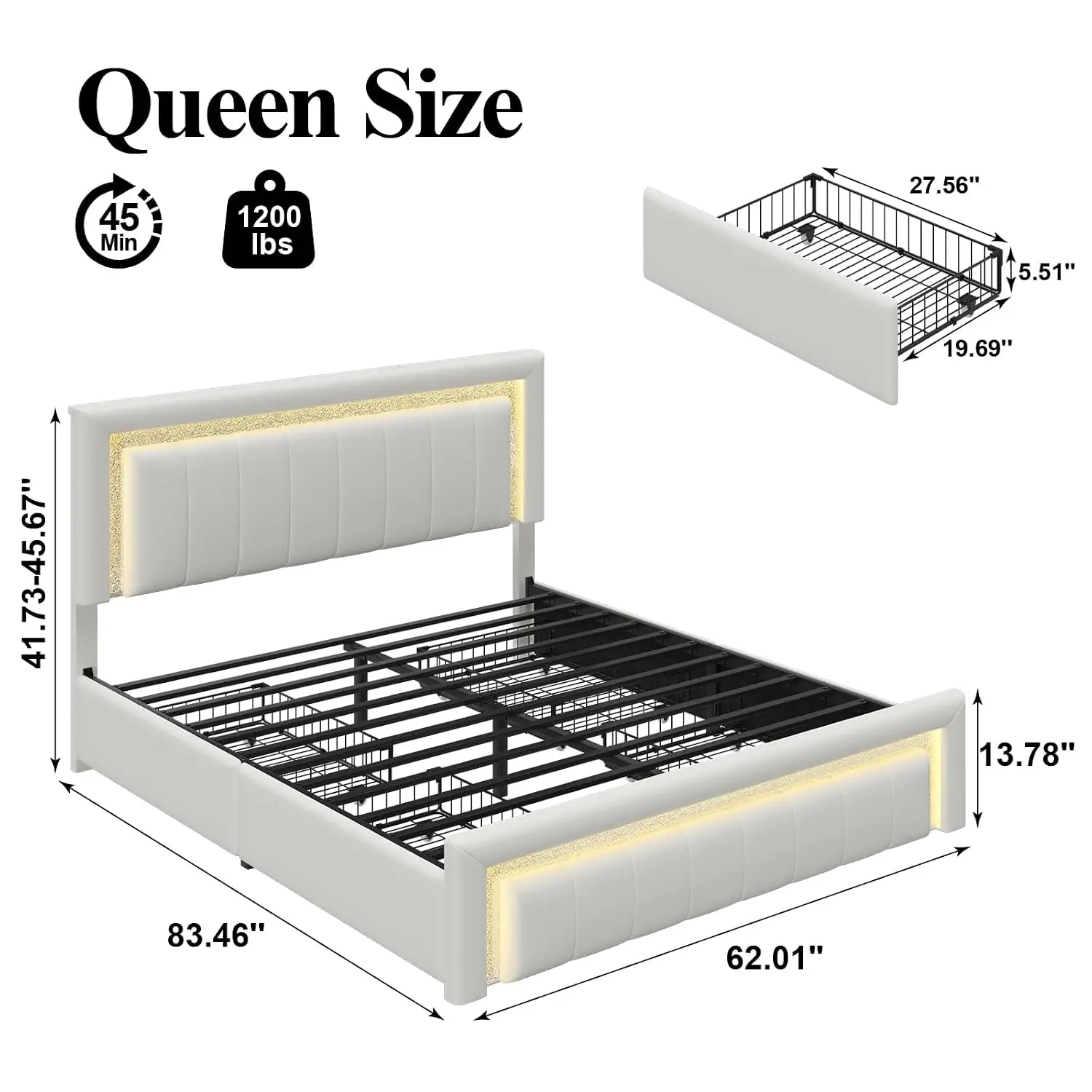 Queen Bed Frame with Charging Station, Storage Drawers, Upholstered White | Platform Bed with LED Lights, PU, Customized image 2