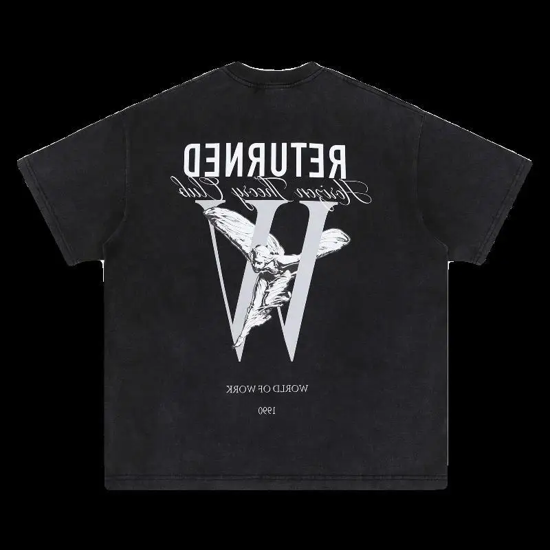 

Ретро Waed American High Street Летний логотип Angel W Печатный ort Sve Повседневные футболки для пар Свободный крой круглый Ne Молодежные ...