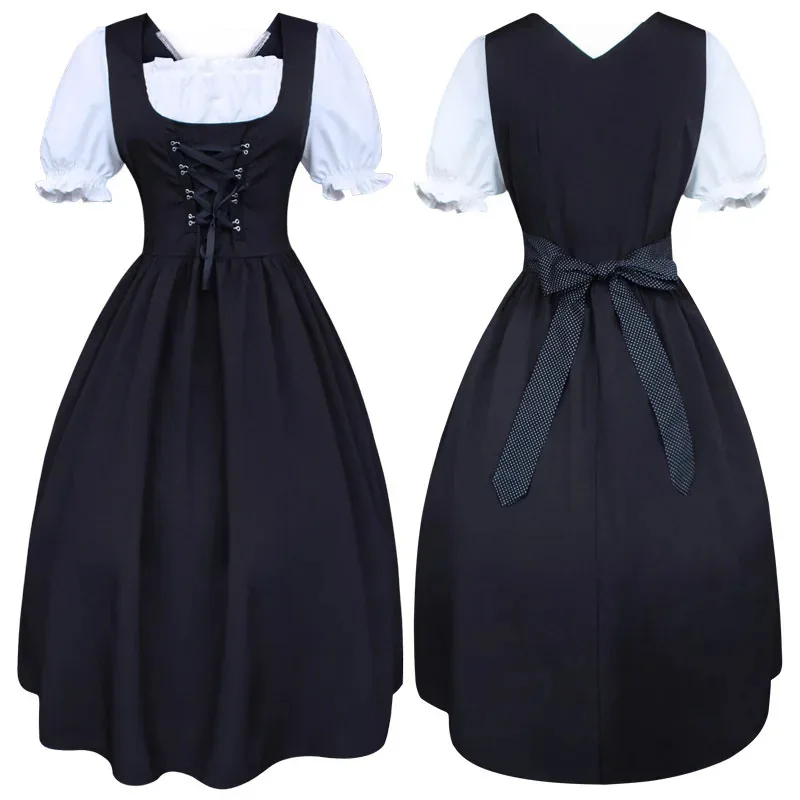 

Medieval Renaissance women's drawstring, high waisted, slim fitting bow, contrasting color performance dress, large swing skirt