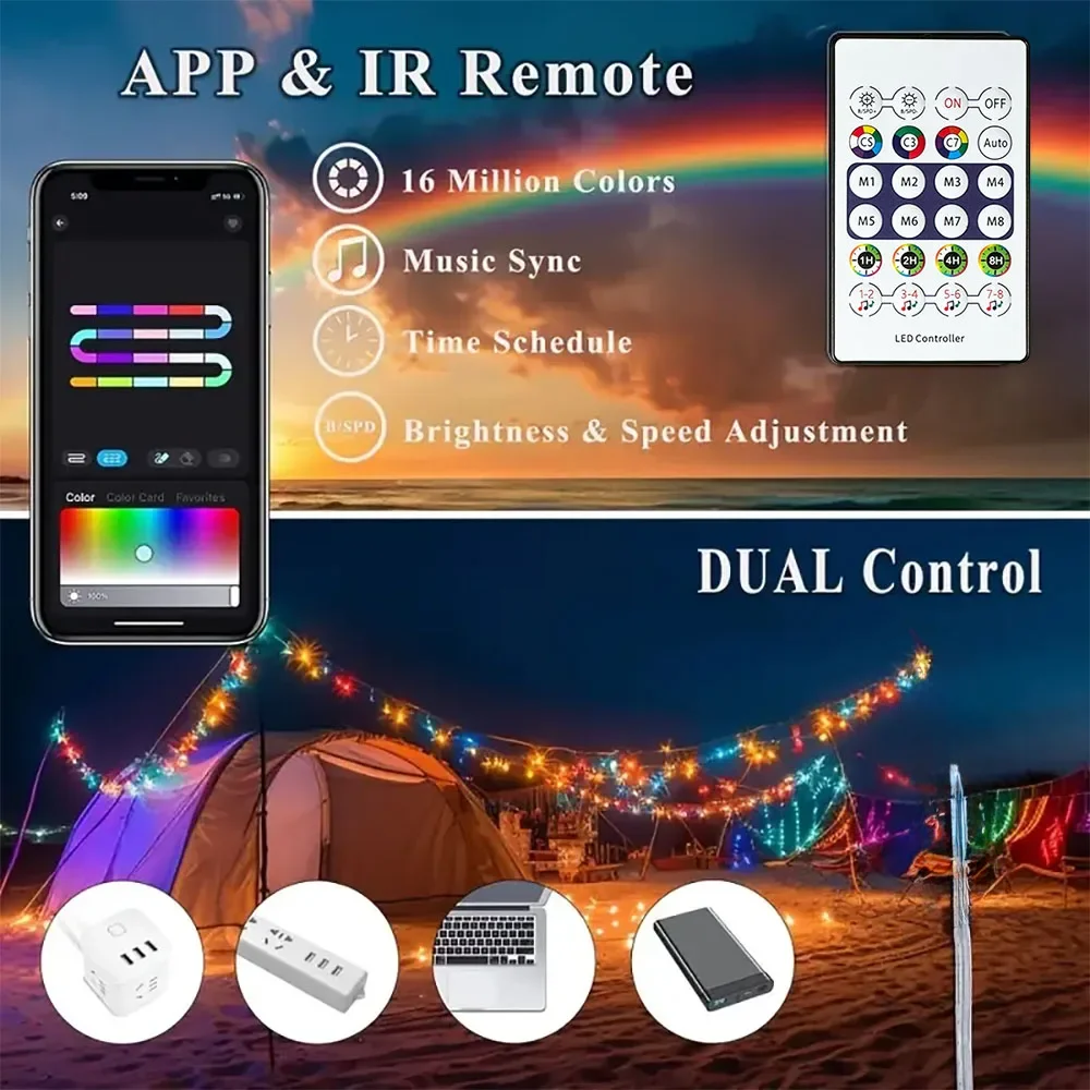 Intelligente RGB-USB-Weihnachtslichterkette: Bluetooth-Fernbedienung, Musiksynchronisierung, wasserdicht, für die Raumdekoration im Innen- und Außenbereich