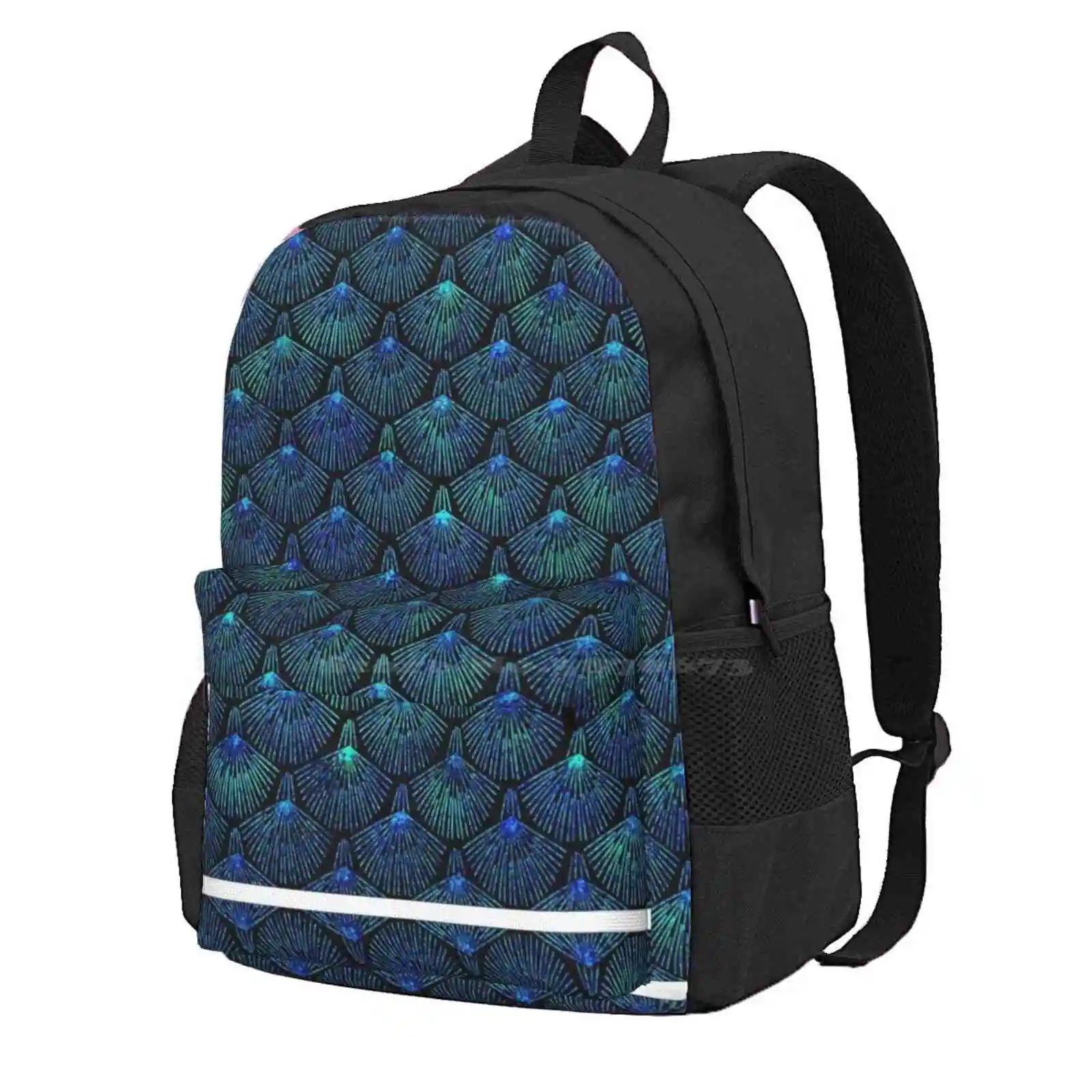 Peacock Hot Sale Schoolbag Backpack Fashion Bags Peacock Feathers Abstract Blue Turquoise Glitter Black Fran Poupoune Scales