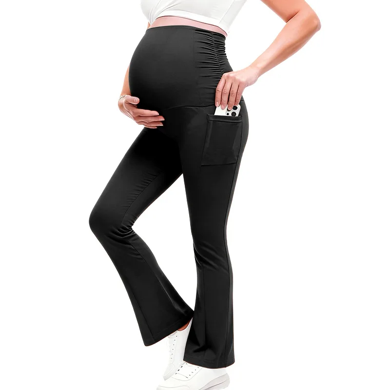 Pregnant Women Casual Yoga Pants Maternity Solid Belly Support Slim Fit Elastic Flared Trousers New Spring Pregnancy Clothing