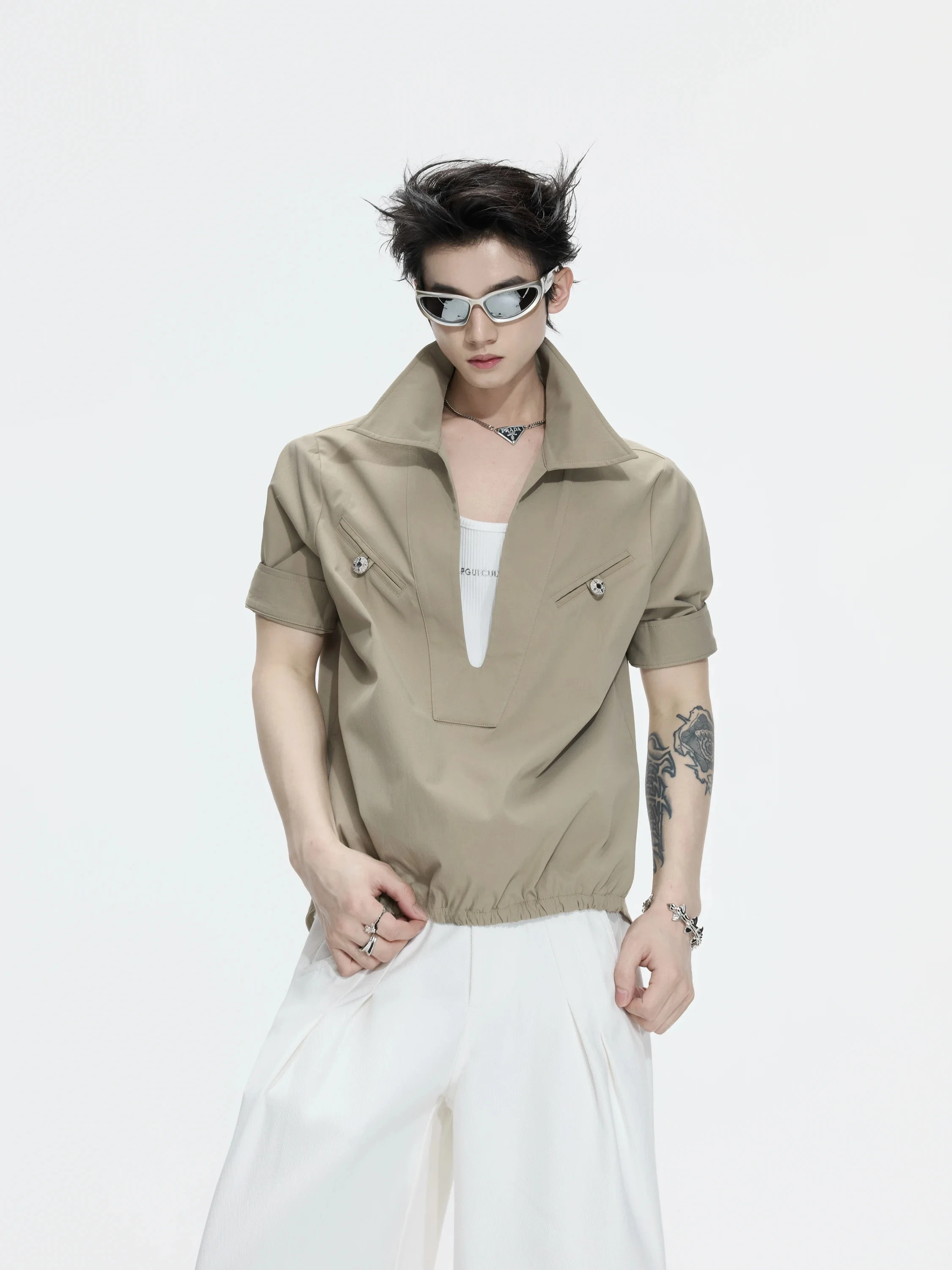 Argue Summer Workwear Shirt Slim Fit Short Sleeve Stand Collar Two-Piece Look Elastic Waist Casual Style Polyester Cotton Blend