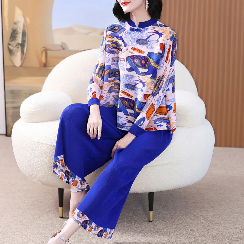 

Pant Sets For Women 45-75kg Autumn And Spring Vintage Stand Collar Long Sleeved Printed Top + Ankle-Length Pant